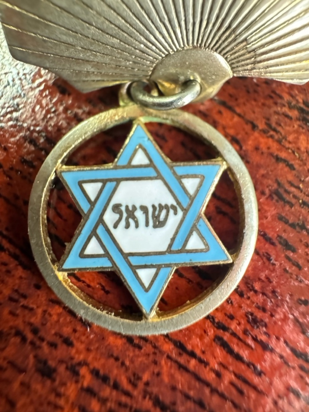 Vintage Hebrew Star of David Brooch in Light Blue, White & Gold